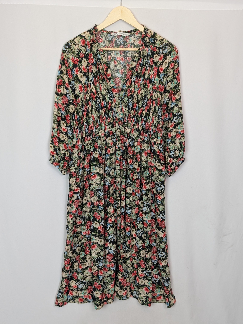 Zara Floral Smocked Midi Dress Multicolor Long Sleeve